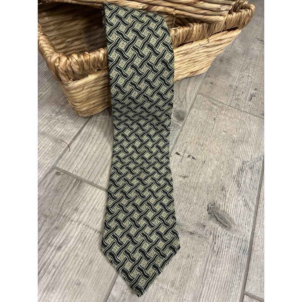 Hugo Boss Men's Silk Tie Green Gold Black Woven Geometric Basketweave Italy